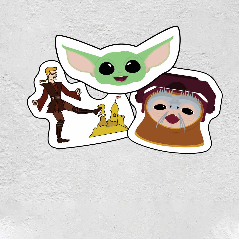 An image of Baby Yoda, Babu Frik, and Anakin kicking a sand castle stickers.
