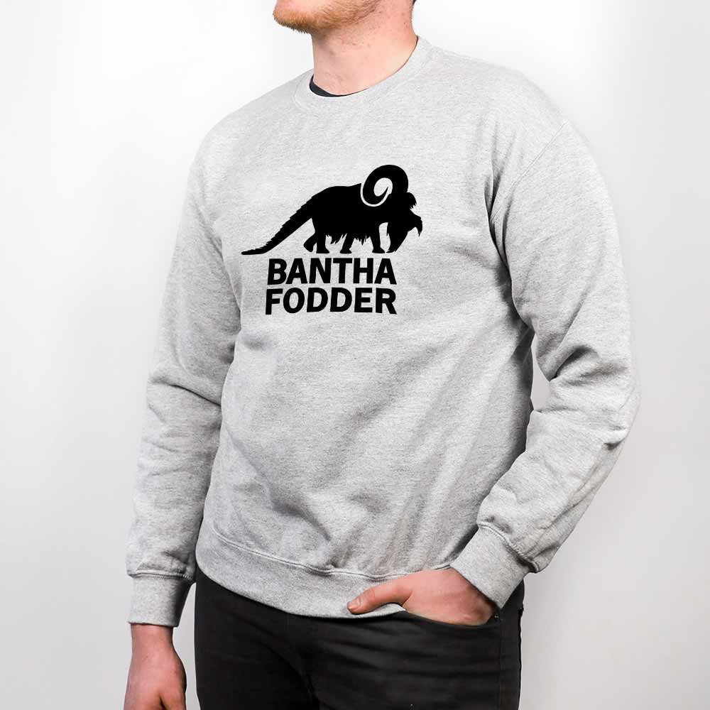 An image of a man wearing a grey sweatshirt with a design of a bantha with the text 'Bantha Fodder' on the front.
